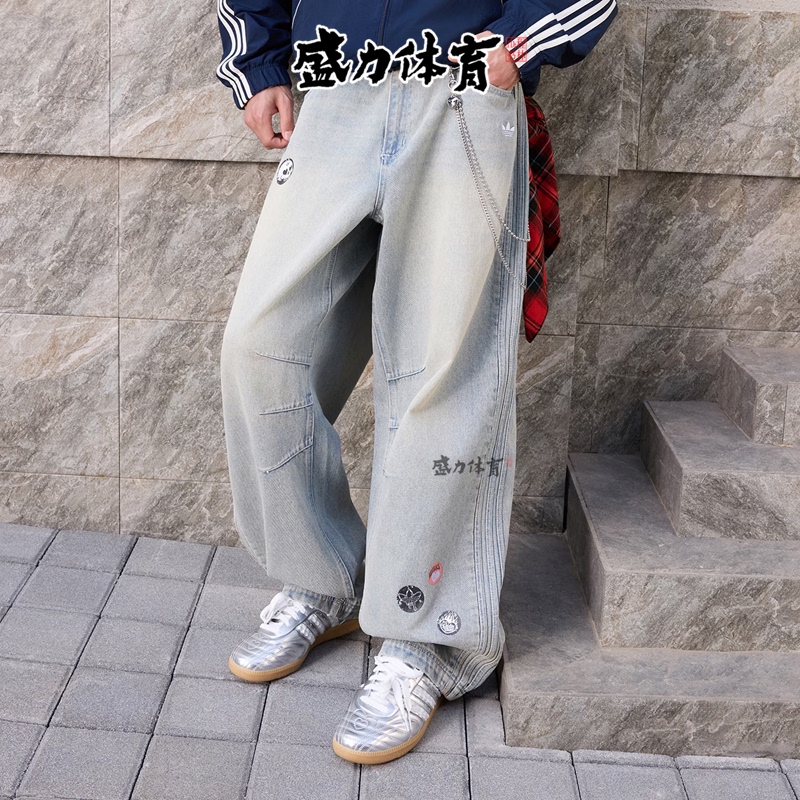Adidas Originals Men's Jeans 2026 New Straight-Leg Curved Pants Vintage Washed Long Pants Kt6366