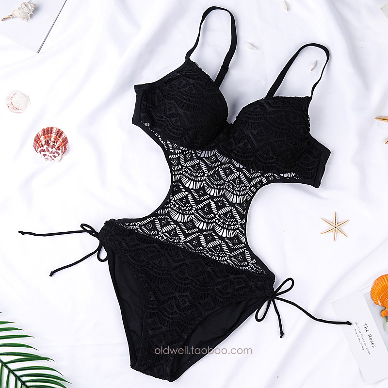 Gather steel lace one-piece swimsuit women's belly beach sexy bikini black slim backless backless one-piece swimsuit