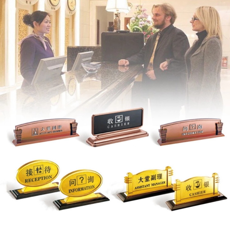 Hotel Receptionist Desktop Nameplate Metal Inquiries Reception Desk Hall Deputy Haircut Silver Prompt Card Content Set
