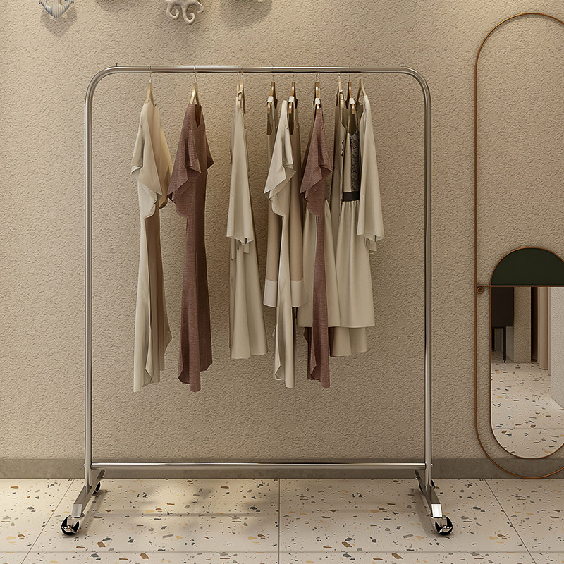 Stainless steel clothing store display stand floor-to-wall display special women's clothing hanger single-rod shelf mobile wheel