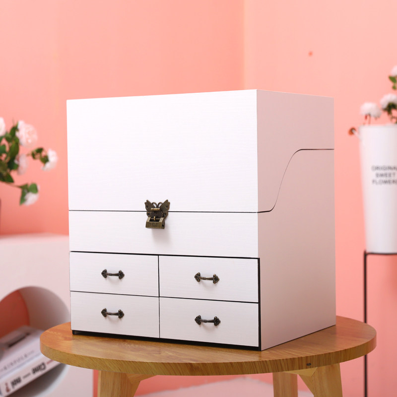 Cosmetic skin care product storage box solid wooden dust cover with lock drawer mirror European large capacity pink dressing box
