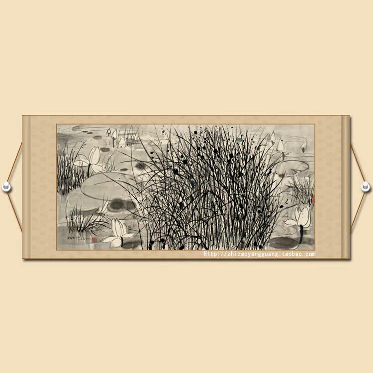 Cao Ho Five Feet Banner Scroll Water Grass Lotus Lotus Pond Softframed Family of Chinese painting calligraphy and painting Wu Guanzhong