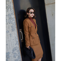 Z boss modern V collar flat shoulder multi-pocket folding wool suit high waist folding hip wool skirt women