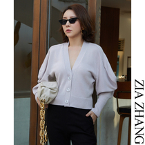 Z boss thick Australian wool shoulder shoulder design short cardigan sweater female horseshoe sleeve V collar bottom sweater