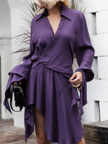 Z boss 3m material asymmetrical V-neck shirt dress Lantern long sleeve irregular loose short skirt for women