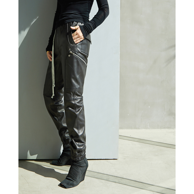 Z boss Leather heavy industry cargo pants multi-pocket straight slim sheepskin motorcycle trousers woman