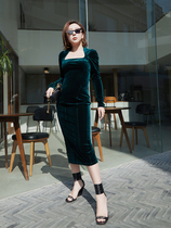 Z Boss S curve cut neck triangle neck velvet horseshoe sleeve long dress women