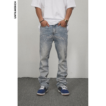 UNTILWERICH Europe AND THE United States HIGH STREET LIGHT WASH WATER OLD PATCH EMBROIDERED JEANS MENS CASUAL TROUSERS TIDE