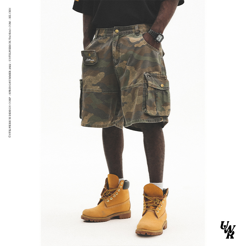 Untilwerich Camouflage Shorts Men's American-Style Cargo Pants Washed Vintage Five-Point Shorts Loose Multi-Pocket Shorts