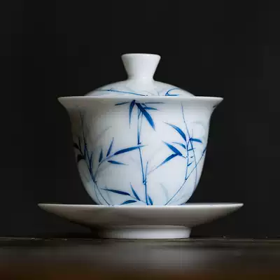 White porcelain hand-painted underglaze blue and white bamboo shadow cover Bowl set three Cai bowl tea cup ceramic Japanese kung fu tea set Tea