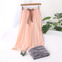 Wide leg pants cotton yarn pajamas womens spring and summer striped gauze thin seven-point home pants large size loose can be worn outside