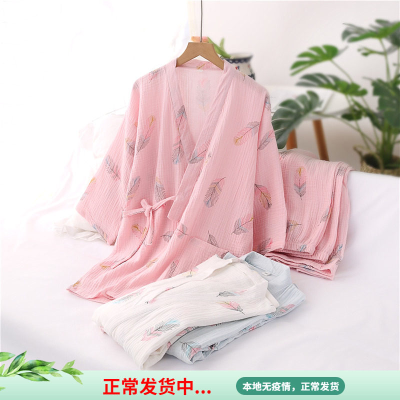 Cotton Hanfu pajamas women spring and autumn cotton cropped sleeves long pants crepe thin summer sweat steamed home wear set