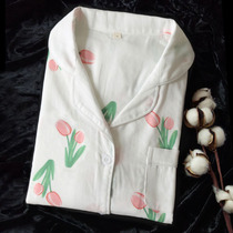 Cotton gauze pajamas womens long sleeve cardigan spring and autumn two pieces of sweet strawberry thin home suit set size Summer