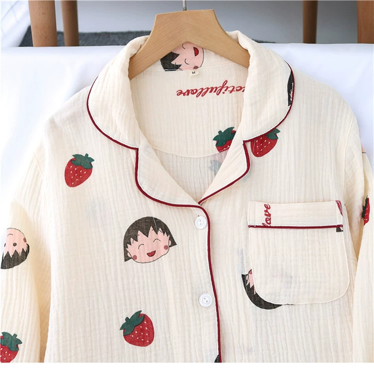 Maruko ~ mùa hè cotton gạc đồ ngủ của phụ nữ dài tay hai lớp giặt cotton gạc cardigan mùa xuân dịch vụ nhà phù hợp với mỏng - Bộ Pajama