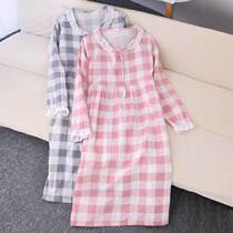 Japanese grid spring autumn cotton yarn long sleeve nightgown ladies square plaid cotton gauze summer home nightgown can be worn outside