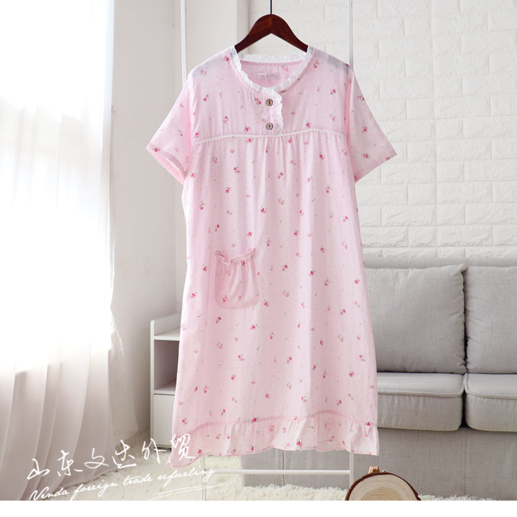 Mùa xuân và mùa hè bông gạc đôi nightdress nữ ngắn tay bông gạc tươi và đáng yêu hoa dài váy nhà phần mỏng