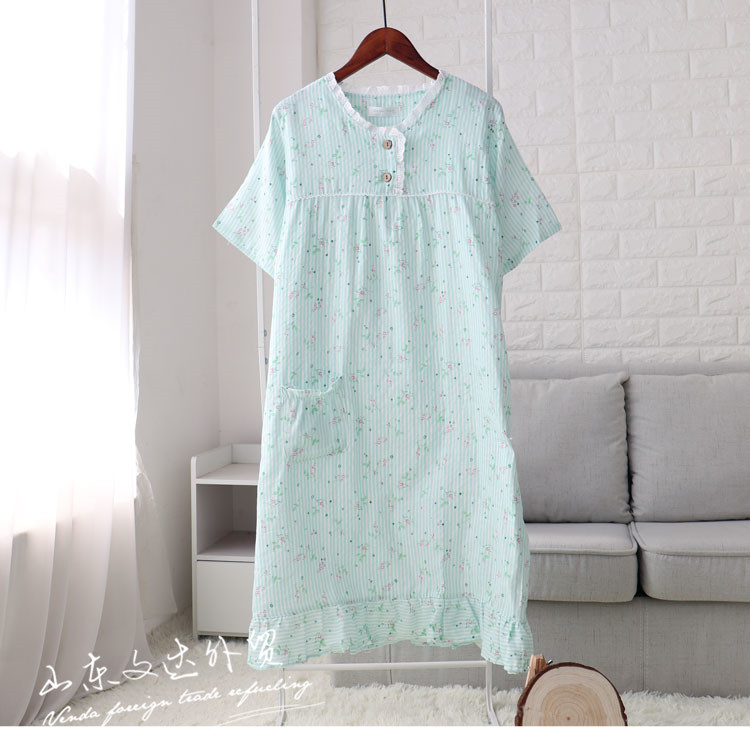 Mùa xuân và mùa hè bông gạc đôi nightdress nữ ngắn tay bông gạc tươi và đáng yêu hoa dài váy nhà phần mỏng