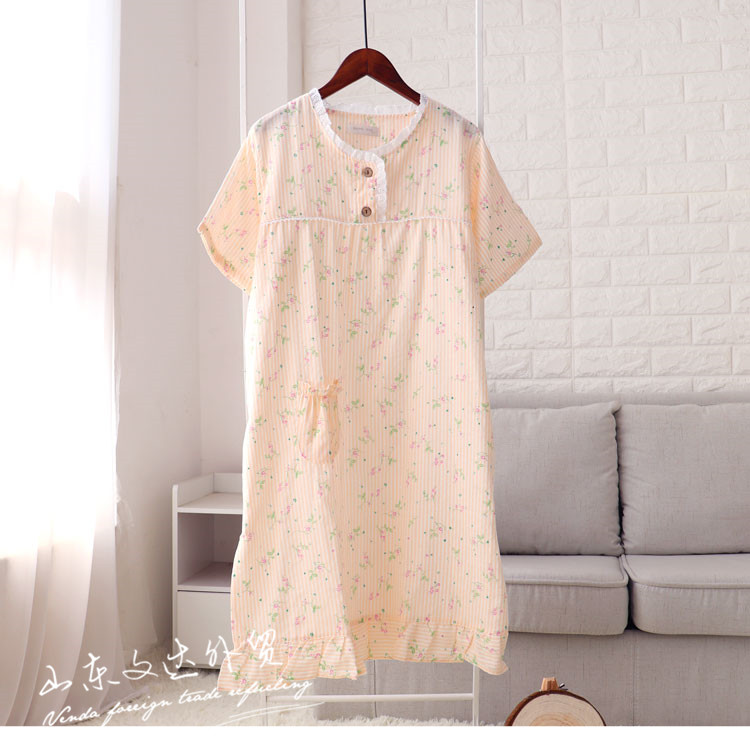 Mùa xuân và mùa hè bông gạc đôi nightdress nữ ngắn tay bông gạc tươi và đáng yêu hoa dài váy nhà phần mỏng