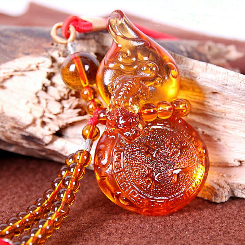 Ancient method glazed amber blue gourd double dragon blessing in and out safe car ornaments lucky pendant gift