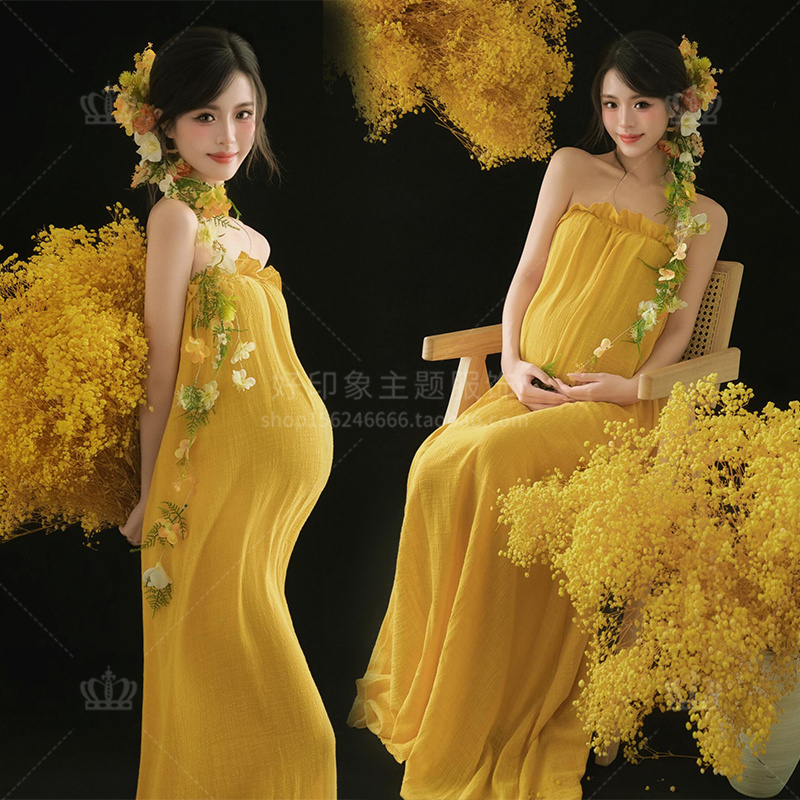 Maternity-Themed Yellow New Chinese-Style Maternity Dress, Strapless, Luxurious and High-End Style, Artistic Photo Studio Outfit for Pregnant Moms