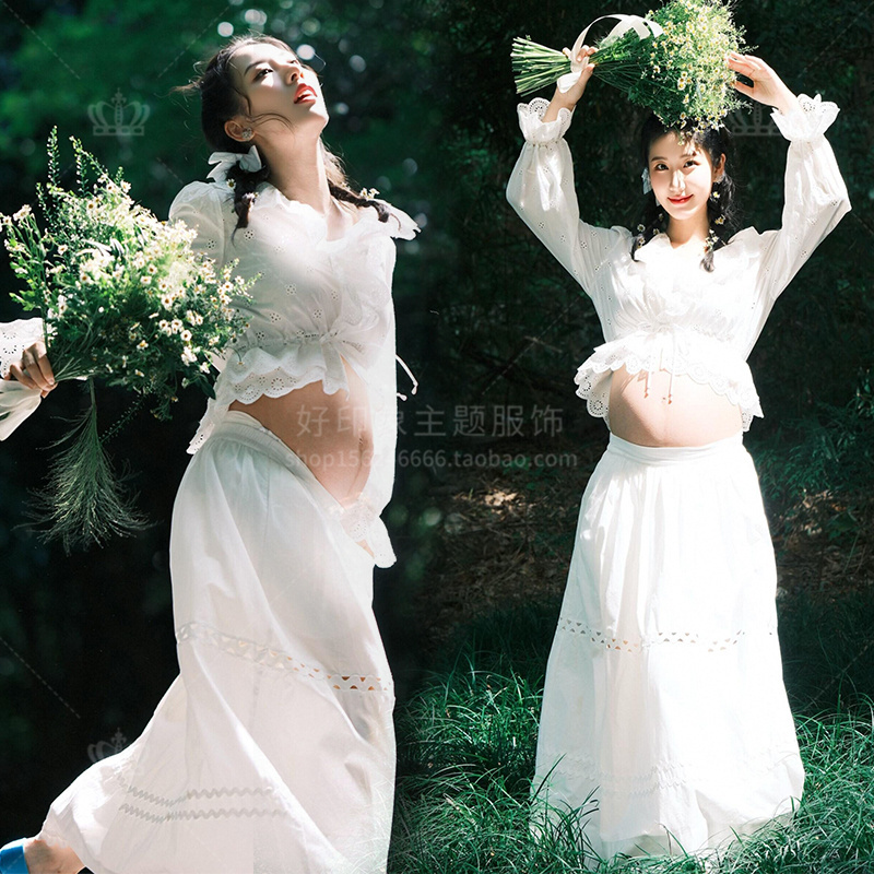 Yimeifang Maternity Wear Fairy-Like Two-Piece Set White Lace Long-Sleeved Top and Long Skirt Set Dreamy Style Yimeifang Maternity Wear Fairy-Like Two-Piece Set White Lace Long-Sleeved Top and Long Skirt Set Dreamy Style
