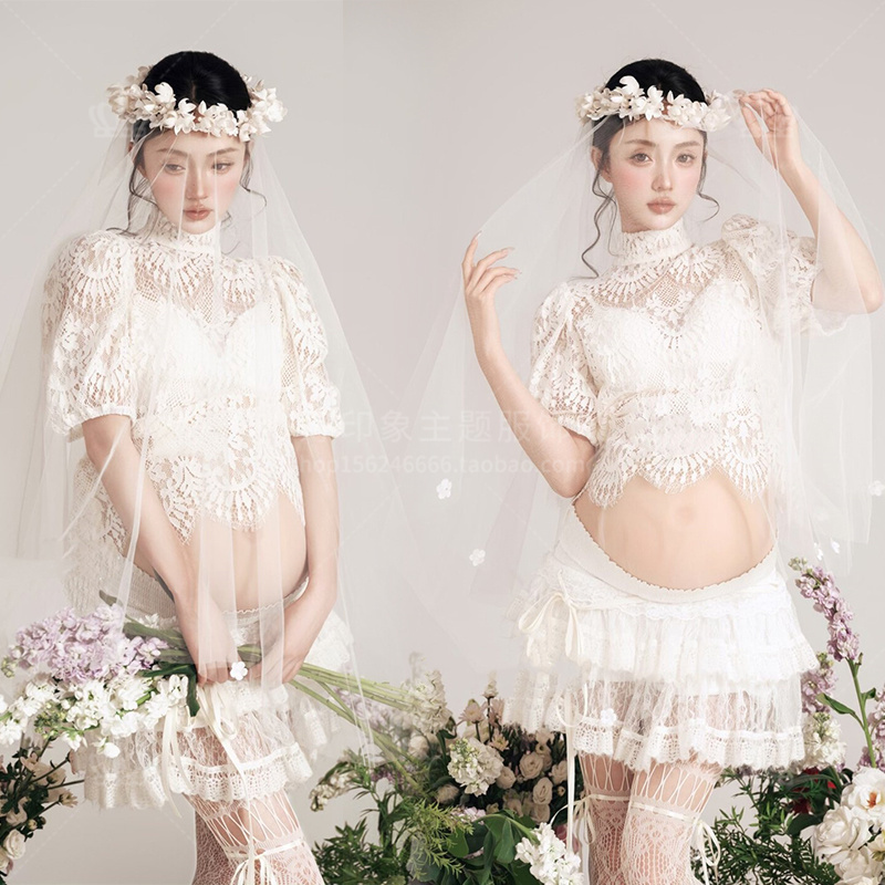 Yimeifang Maternity Wear Romantic Style White Lace Photo Studio Outfit Atmosphere-Setting Fresh Set