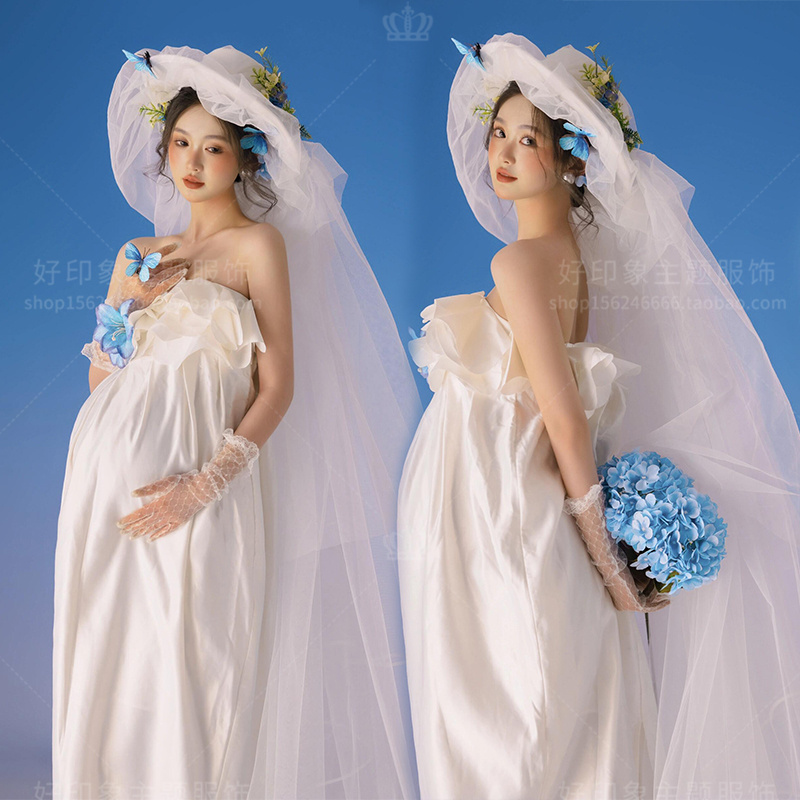 2025 Photo Studio Retro Style New French Wedding Dress Beautiful Maternity Personal Photo Art Photography Clothing