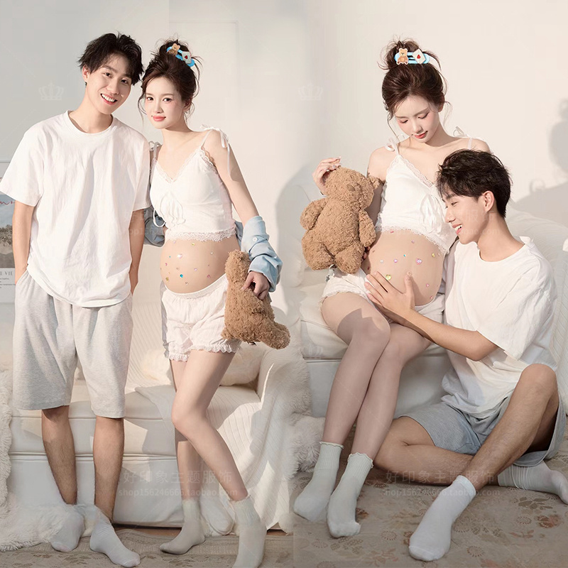 Pregnant Couple Theme Photo Studio Clothing New Style Fresh and Sweet Outfit Pregnant Mommy Art Couple Taking Photos at Home