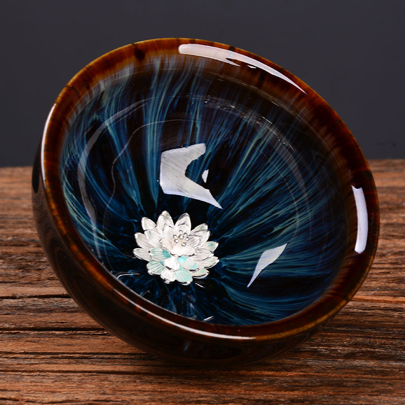 Inlaid silver Jun Kiln Tianmu Glazed Rabbit Milli Oil Drip to build a ceramic tea cup Pu'er Tea Pink Tea Pink