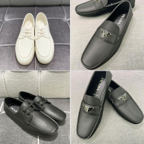 Prada Mens Business Casual Leather Shoes Letter Logo Low-top Loafers Beanie Shoes