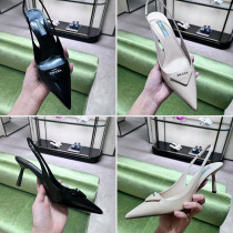 Prada summer new style kitten heel pointed toe back sandals temperament triangle logo letter high heels
