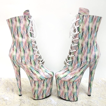 Super high stiletto heel round toe colorful striped lace-up mid-calf boots sky-high waterproof platform pole dancing model catwalk boots for women
