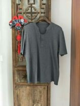  Cotton and linen two-button small V-neck short-sleeved mens shirt old rough cloth national clothing   