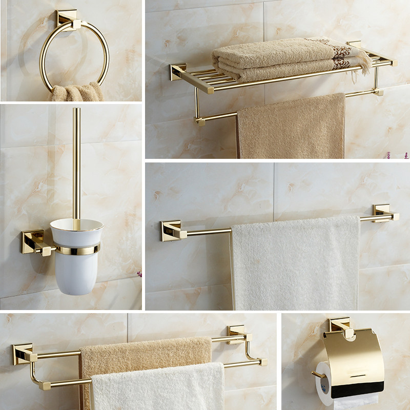 Square full copper minimalist Toulon champagne Champagne Golden Bathroom Pendant Suit Bath Towel Rod combination