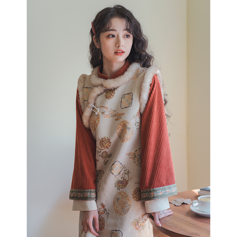 South Wind Valley (Palace Wall Snow) Jedi Temperament Autumn Winter Qipao Horse Chia New Chinese Red Tandem Dress National Wind Suit-Taobao