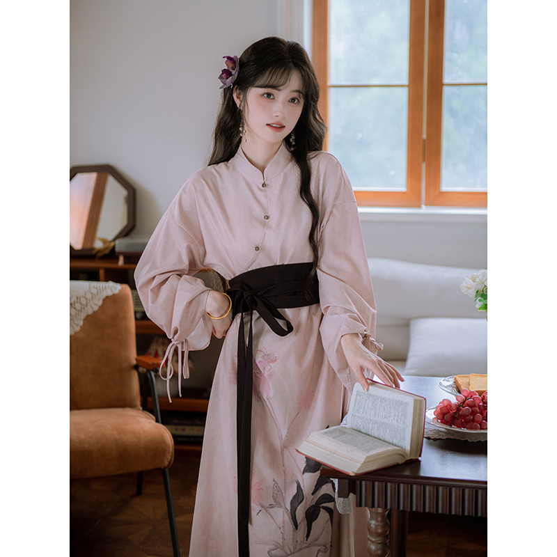 Nanfenggu【Yanhua】Pink New Chinese Style Ink Painting Oblique Collar Dress Women's Waist-Tie A-Line Long Dress