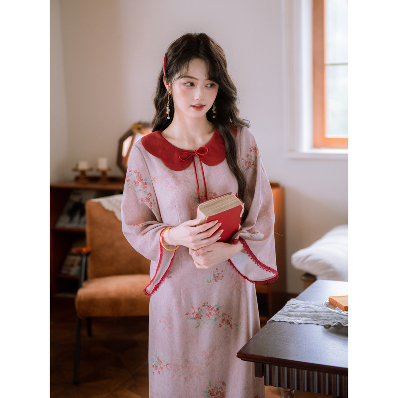 Nanfenggu【Yantang】Ink Painting Print Improved Version of Cheongsam with Eight-Quarter Sleeves, Vintage Age-Reducing National Style Dress