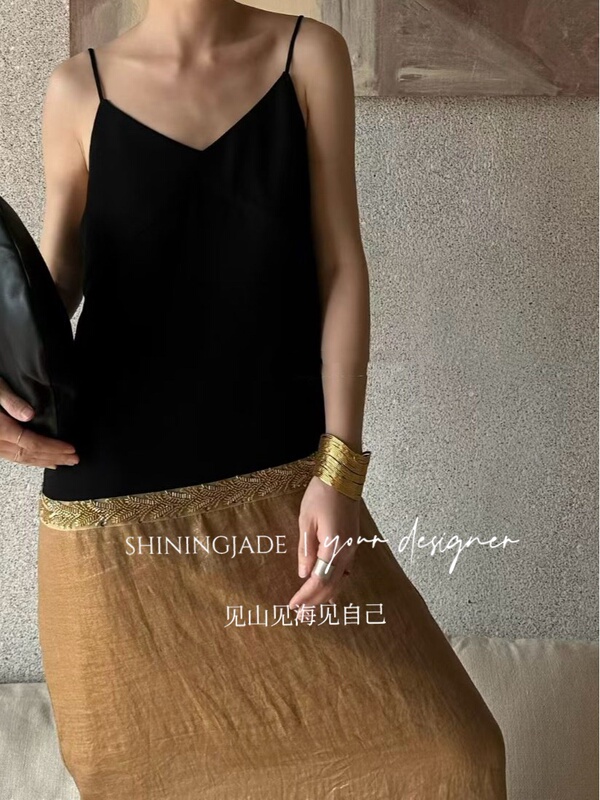 Exquisite and Sophisticated Designer Dress with Intricate Beading, Contrasting Colors, and a Vintage Bronze Gold Strap, V-Neck Long Dress