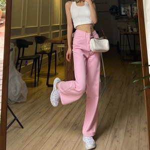 gagaopt2021新品基本款高腰粉色牛仔裤女夏季宽松直筒长裤子单层