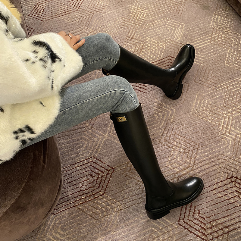 Zhu Xiaomeng back zipper high boots female but knee thin riding boots thick heel plus velvet lock buckle boots boots boots