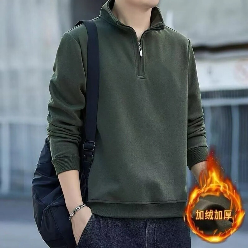 Autumn and Winter Half-Zip Sweatshirt for Men, Fleece-Lined Vintage Polo Shirt, Loose Stand-Up Collar, Fashionable Long-Sleeve Top for Young and Middle-Aged Men