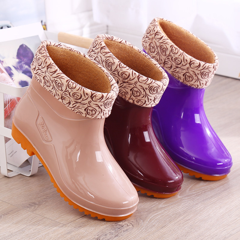 Short tube waterproof shoes plus velvet plus cotton rain boots rain boots rubber shoes overshoes water boots female adult fashion warm non-slip winter