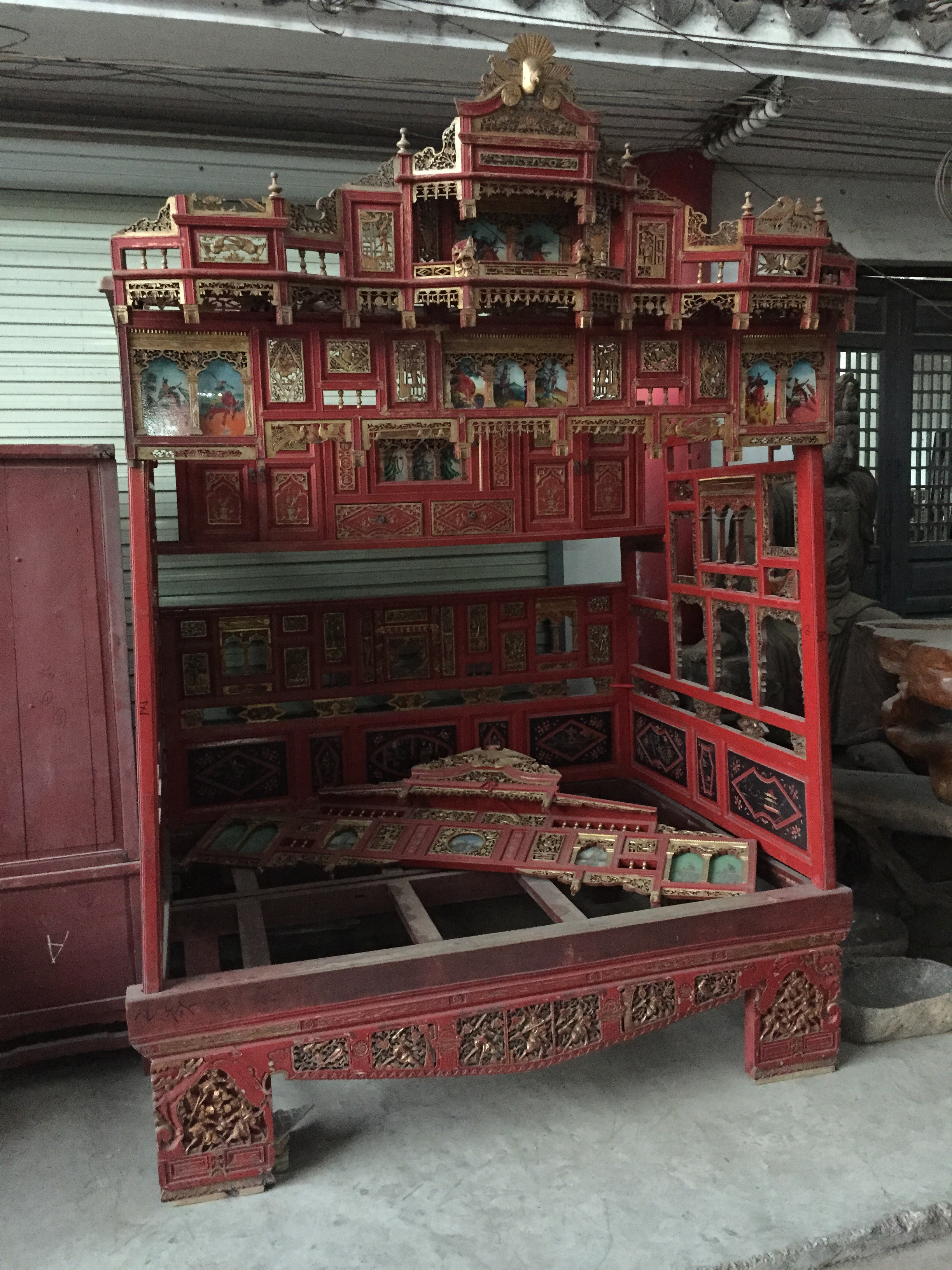 Antique Vintage Furniture Fine Wood Sculpture Sketching Gold Large Lacquer Sculpted Characters Flowers Birds of Republic Racks Bed one thousand Working Bed Lady Bed-Taobao
