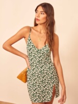 reformation US Broken Flower Printed Side Open Fork Downswing Casual Holiday Wind Harnesses Even Dress