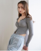 Pretzels Pepper Elastic workout version Short Dew Navel Weaselweaters Soft 100 lap front tying long sleeves T-shirt blouses
