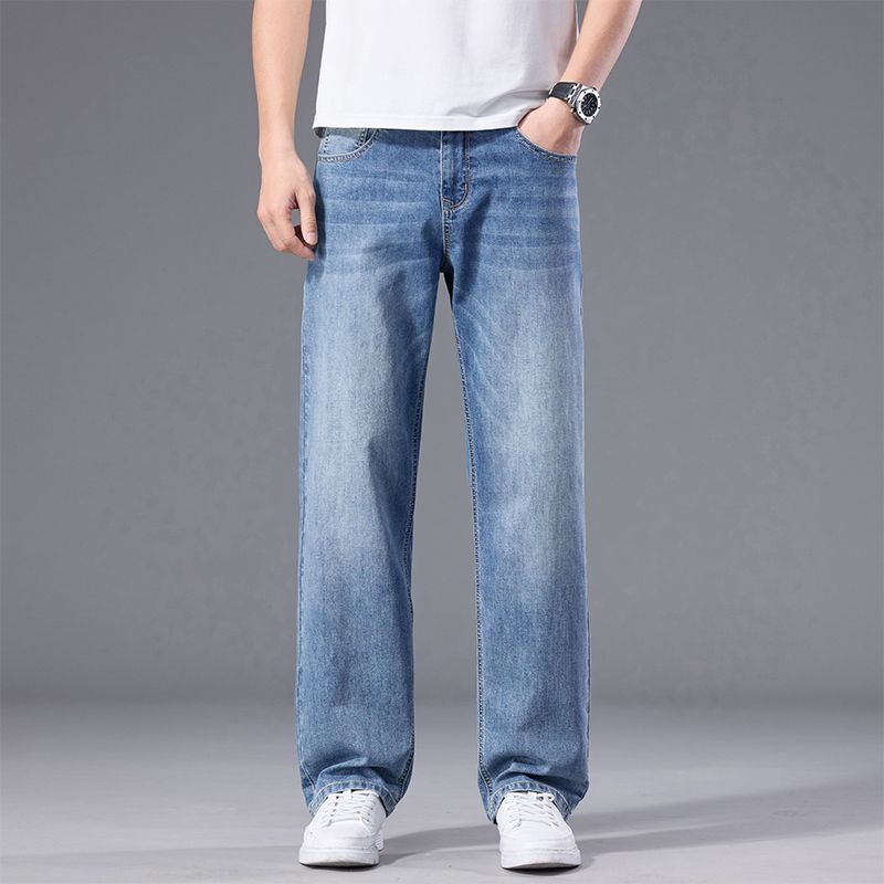 Authentic Thin Denim Jeans for Men, Summer Thin Style, Loose Straight-Leg, Stretchy, Breathable, Young Men's Business Casual Pants