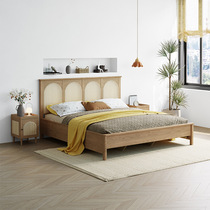 Solid wood bed rattan bed retro log Nordic modern minimalist wabi-sabi style designer 1 8m master bedroom double bed