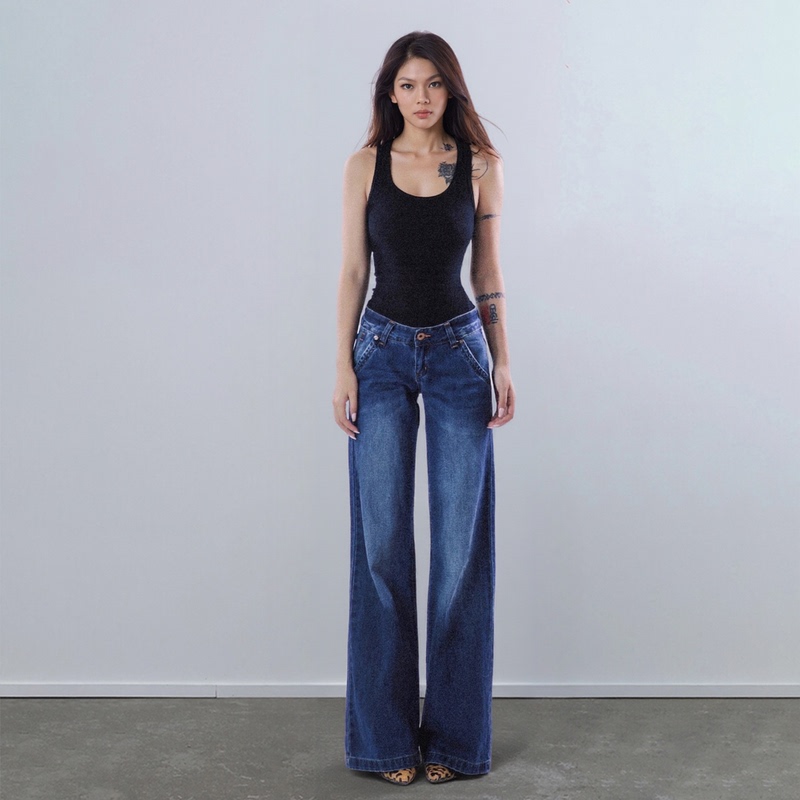 Sheseek American Retro Hot Girl Low-Waisted Distressed Washed Denim Casual Slimming Straight-Leg Floor-Length Pants