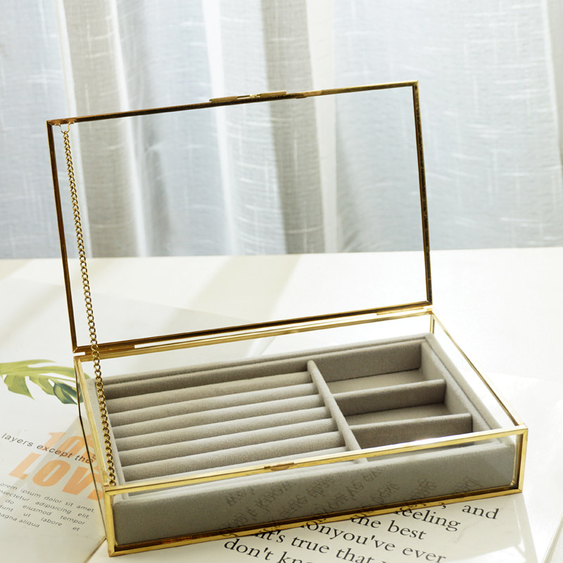 European retro rectangular jewelry collection box transparent glass jewelry ring decoration dust proof box