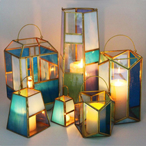 Creative European retro micro landscape stained glass flower room wind lamp Candlestick business Wedding home accessories ornaments